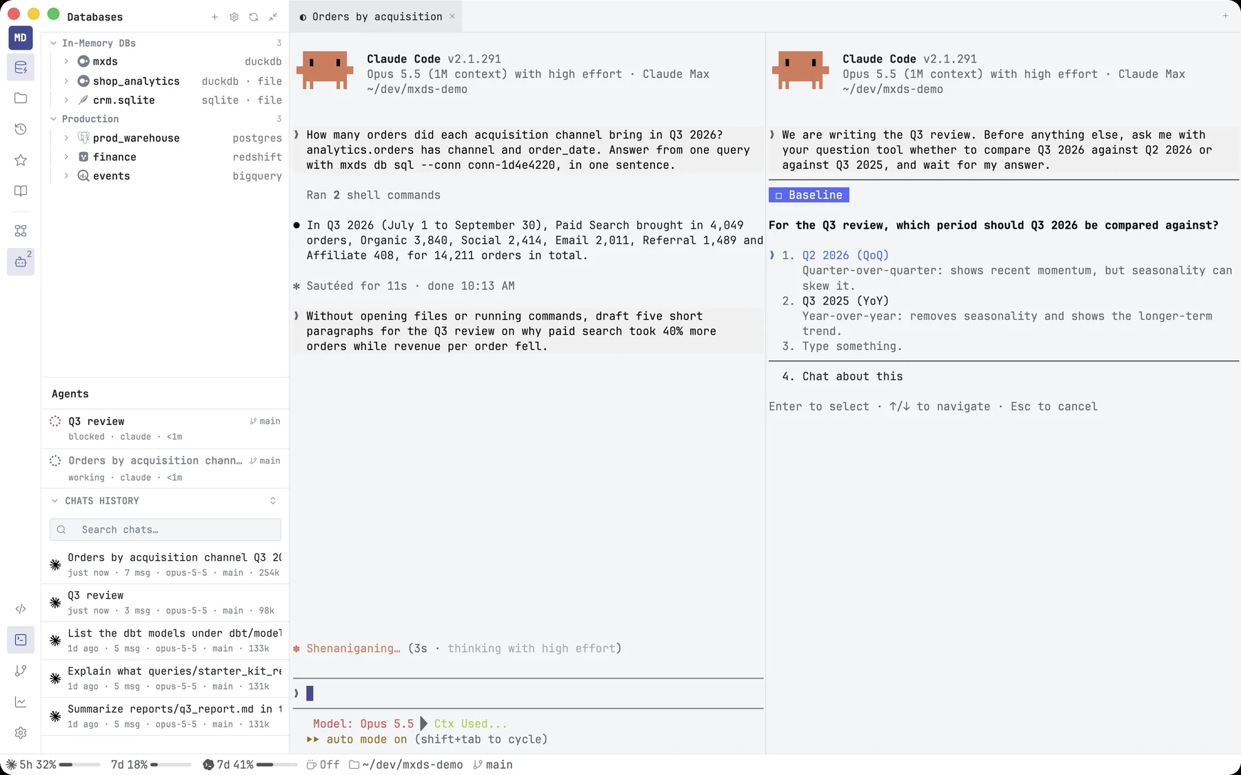 The terminal split between two agents, and the Agents panel showing one working and one blocked