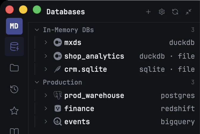 The Databases panel with the In-Memory DBs group and a group of production connections