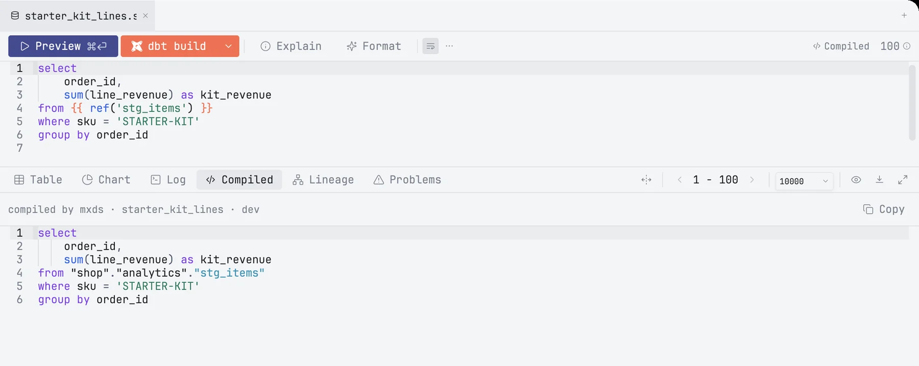 A model tab after Preview, with the Compiled tab open below it