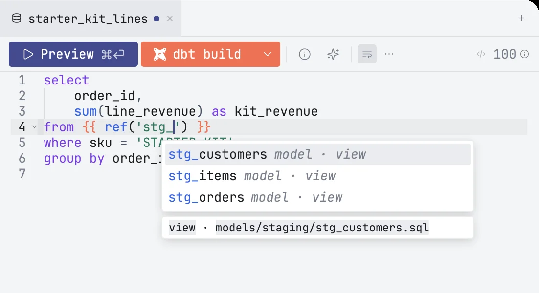 A dbt model tab with the ref() completion list open
