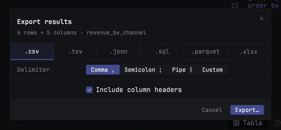 The Export dialog with CSV selected