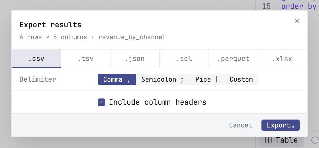 The Export dialog with CSV selected