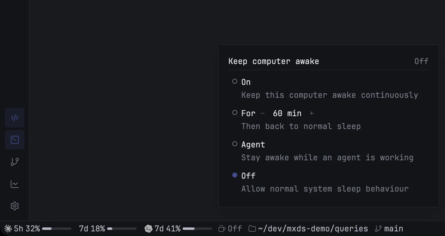 The status bar with the Claude and Codex gauges and the caffeine chip
