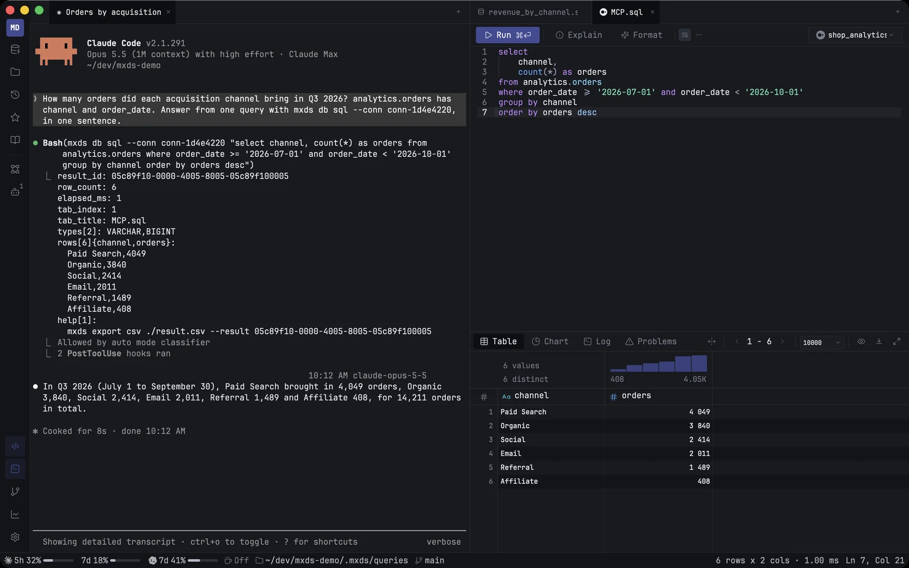 An agent in the terminal running mxds db sql, and the query open in a SQL tab
