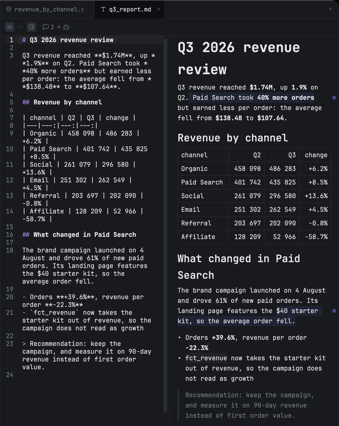 A Markdown preview with two comments and the send button in the toolbar