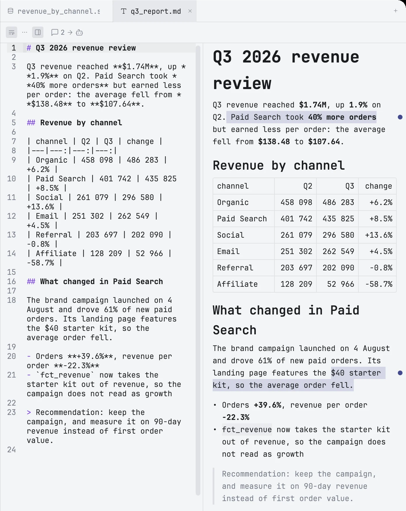 A Markdown preview with two comments and the send button in the toolbar
