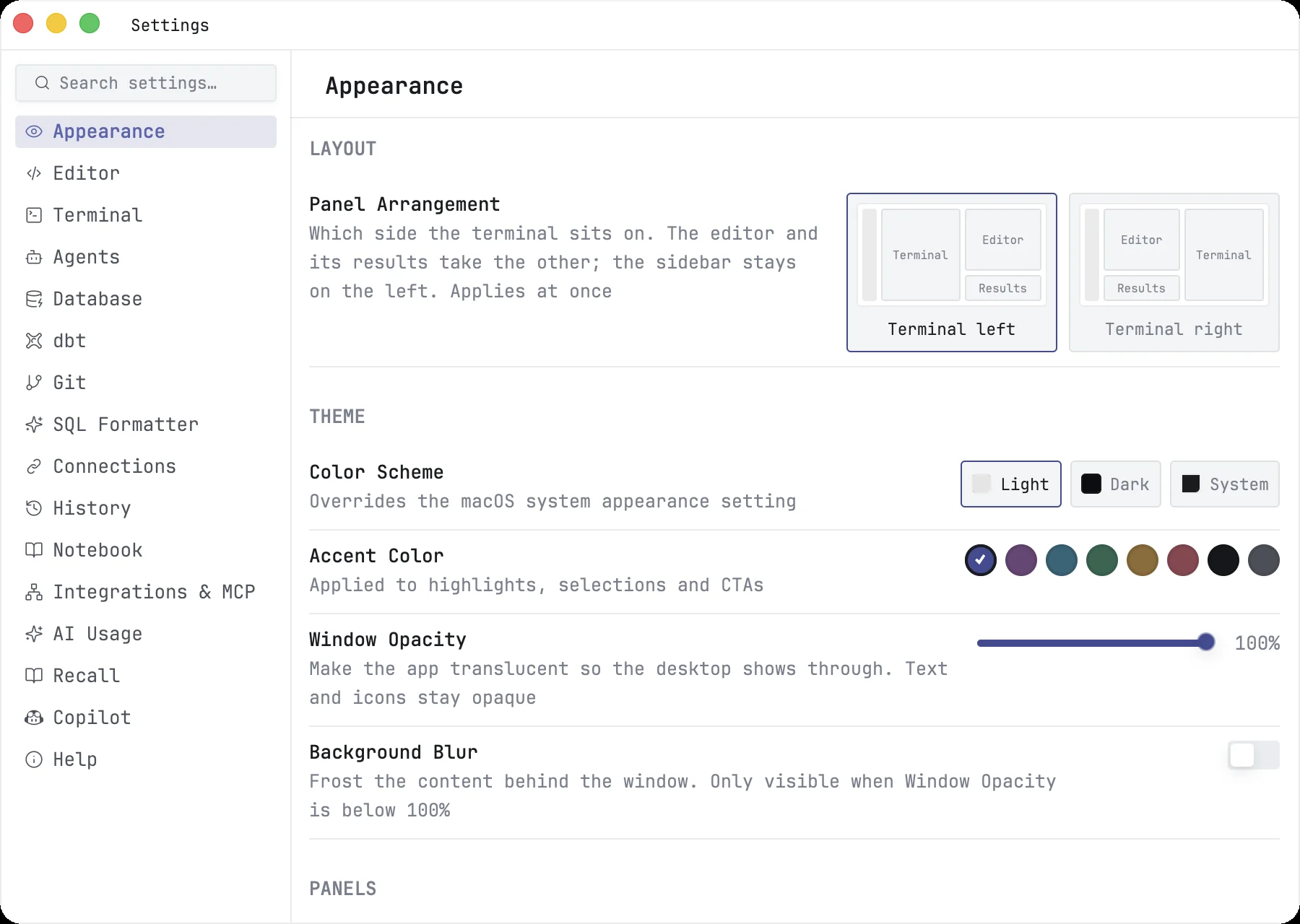 The Settings window on the Appearance page