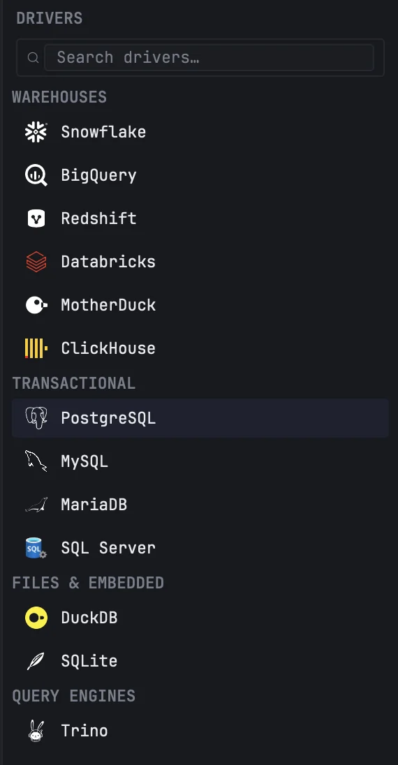 The list of databases in the connection form