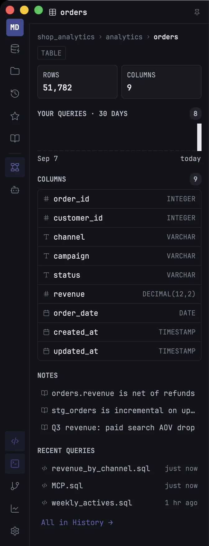 The Schema panel showing the orders table