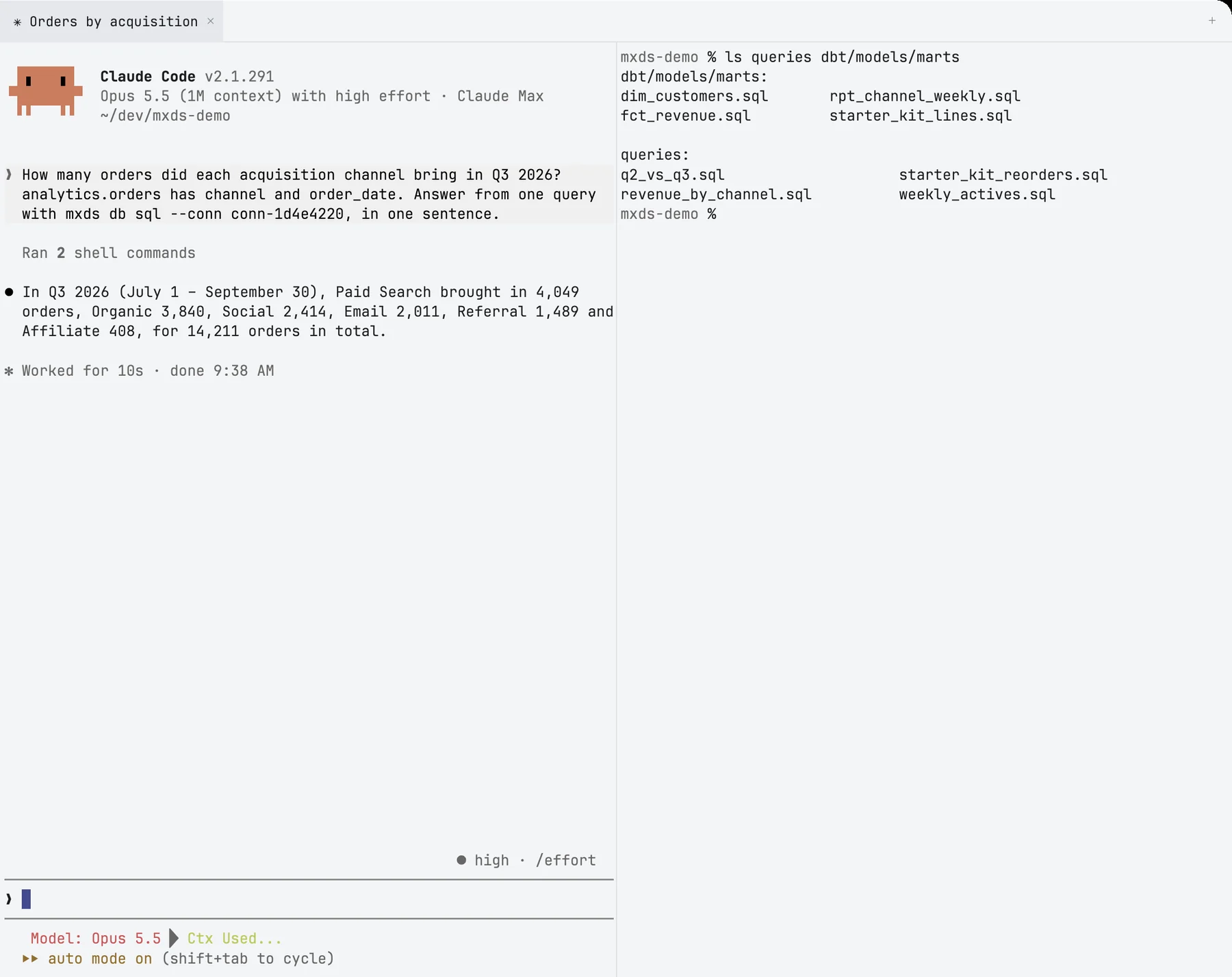 The terminal with two splits: Claude Code on the left, a shell on the right